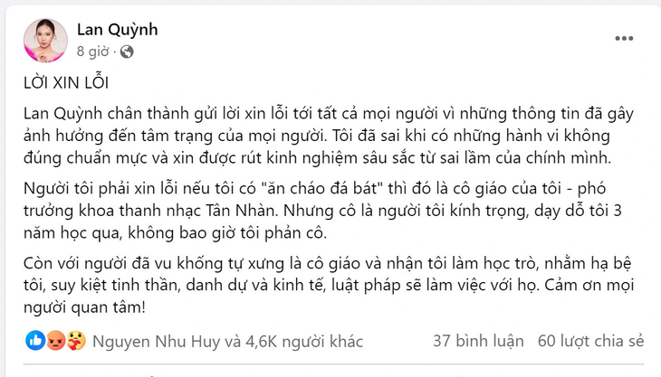 Lan Quỳnh tố ngược lại Đinh Trang vào rạng sáng ngày 13-10; hiện Facebook này đã đóng lần 2 - Ảnh chụp màn hình Lan Quỳnh "tố ngược" lại Đinh Trang vào rạng sáng 13-10, hiện Facebook này đã đóng lần 2 - Ảnh chụp màn hình